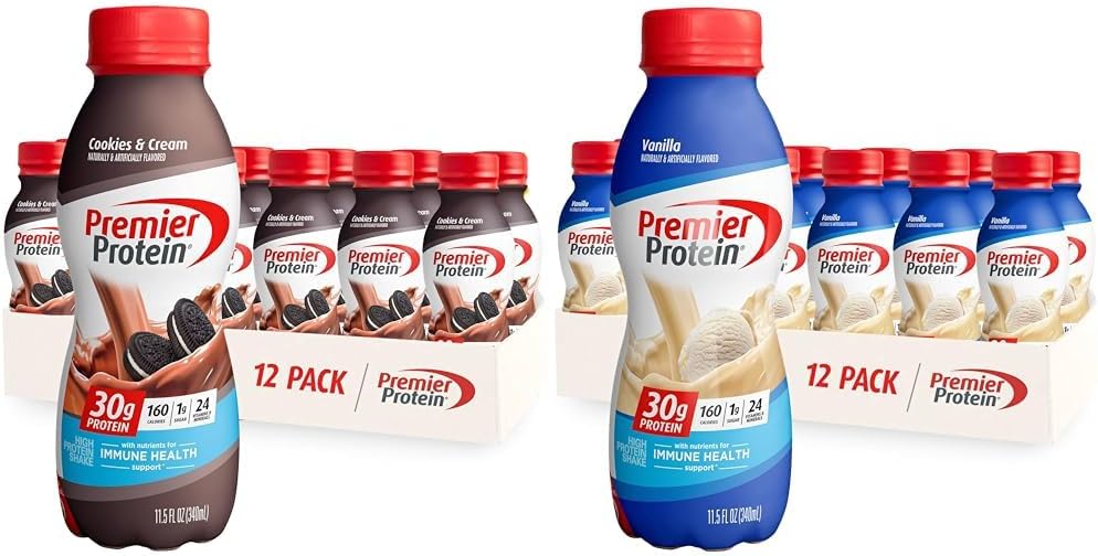 Premier Protein Shake Cookies & Cream and Vanilla, 30g Protein, 1g Sugar, 24 Vitamins & Minerals, 12 Packs
