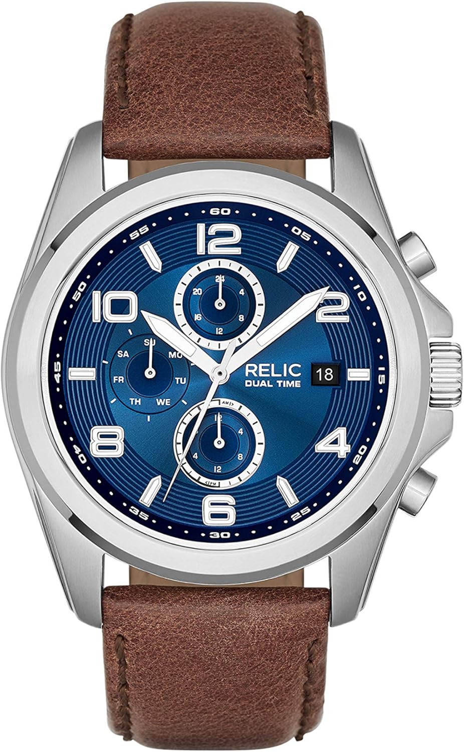 Relic by Fossil Men's Daley Multifunction Silver Stainless Steel and Brown Leather Band Watch (Model: ZR15794)