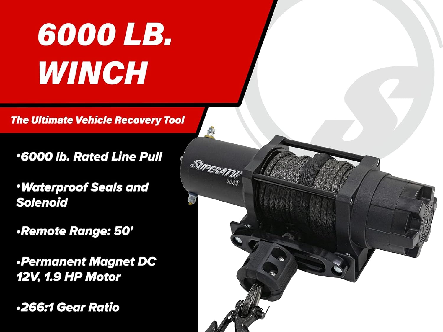 SuperATV Black Ops 6000 LB Winch Kit for UTV/ATV with 50' Synthetic Rope H83372