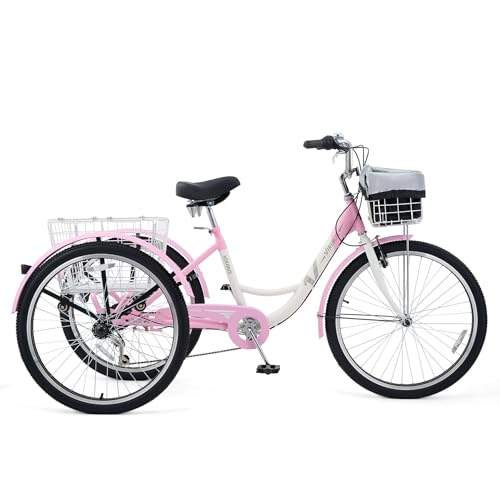 Viribus Adult Tricycle 7 Speed 3 Wheel Bike with Removable Baskets, 400lb Capacity, 24 26 inch F201