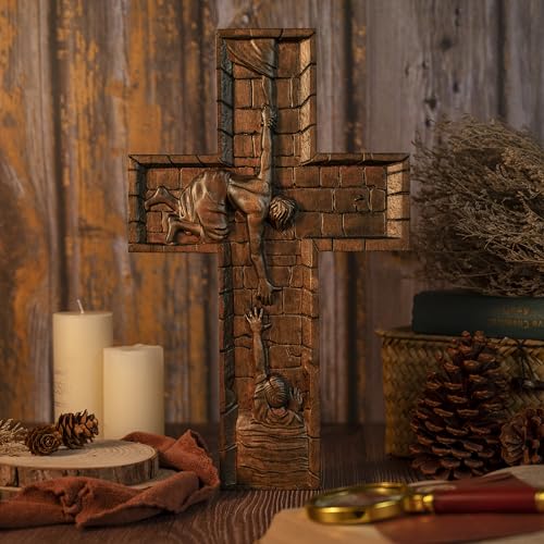 BGCOPPER Crucifix Wall Cross Handmade Wooden with Hook, Christian Wall Art, 14 Inch L40287