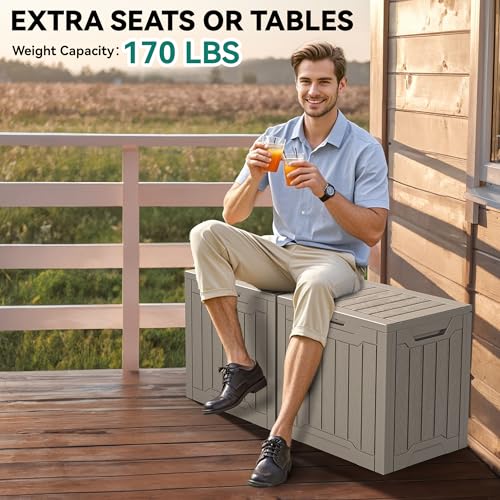 YITAHOME Outdoor Storage Box with Cushion, 120 Gallon, Lockable, Light Brown O374