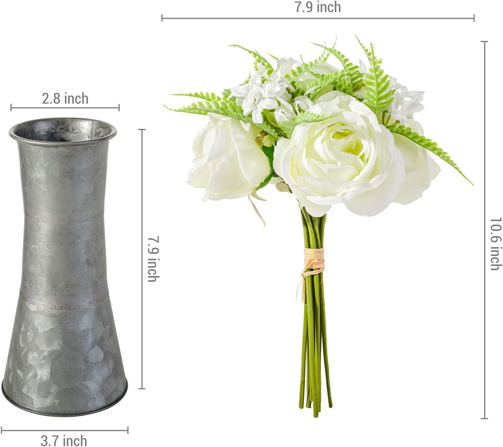 MyGift 8 Inch Galvanized Metal Flower Vase with Faux White Roses X9162