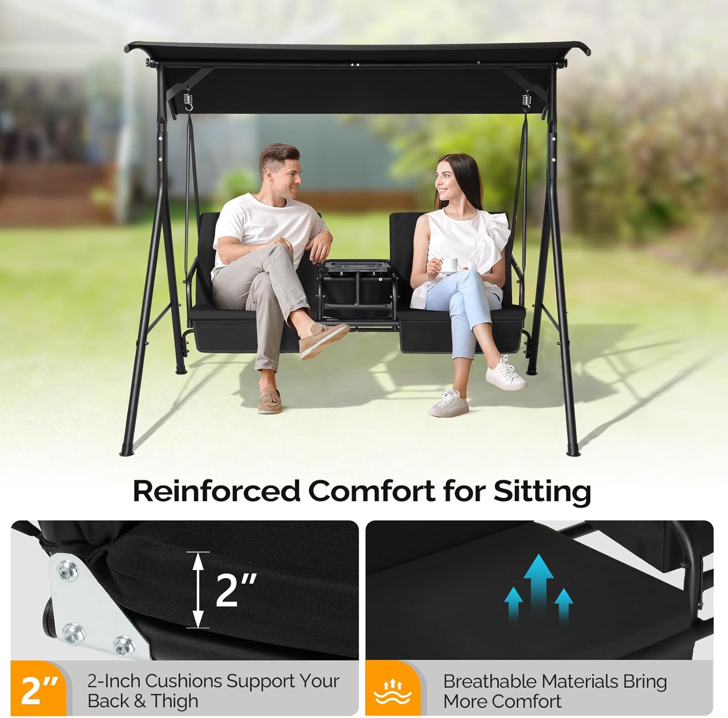 VINGLI Outdoor Porch Swing with Canopy, Heavy Duty 550 LBS, Black O852