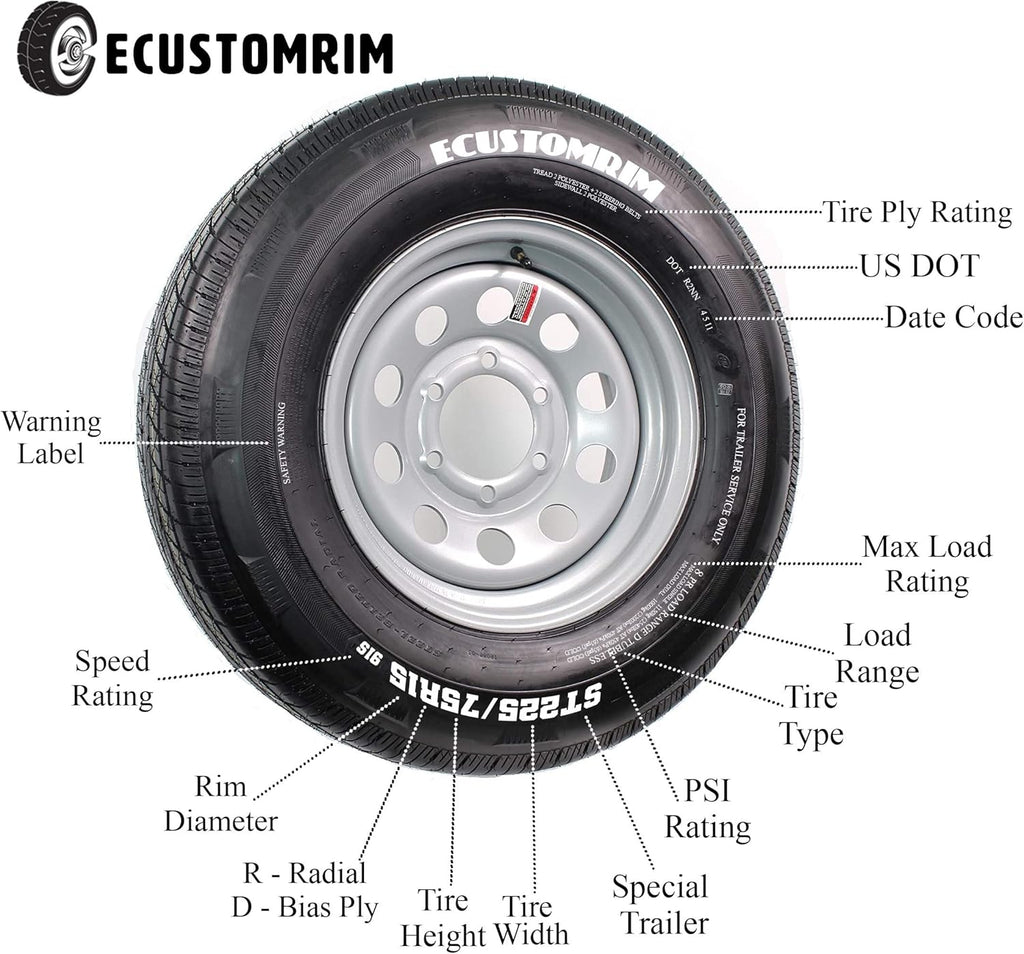 Hankook ST225/75R15 Trailer Tire on Black eCustomrim Aluminum 6 Lug Wheel LRE K8985