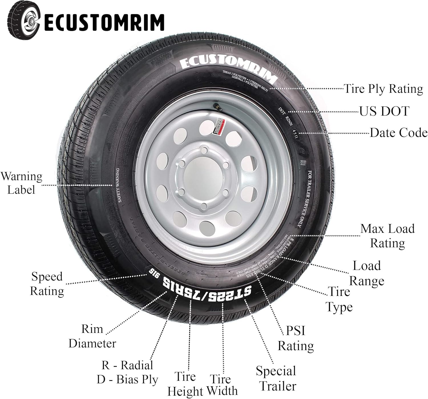 Hankook ST225/75R15 Trailer Tire on Black eCustomrim Aluminum 6 Lug Wheel LRE K8985