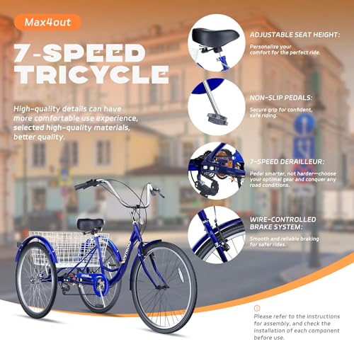 Adult Tricycle with Large Basket 24/26 Inch, 7-Speed 3-Wheel Bike I7207