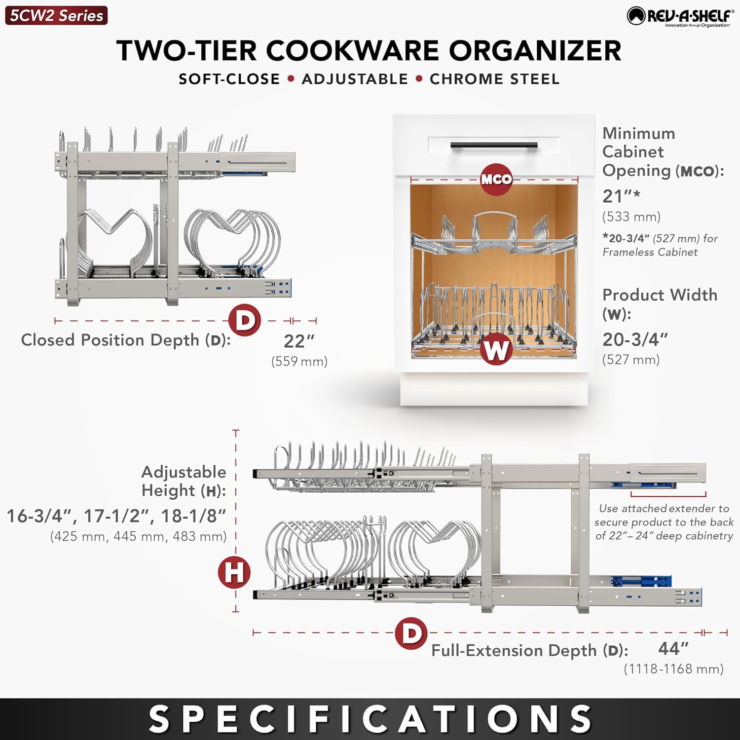 Rev-A-Shelf Two-Tier Steel Wire Pullout Cookware Organizer S9091
