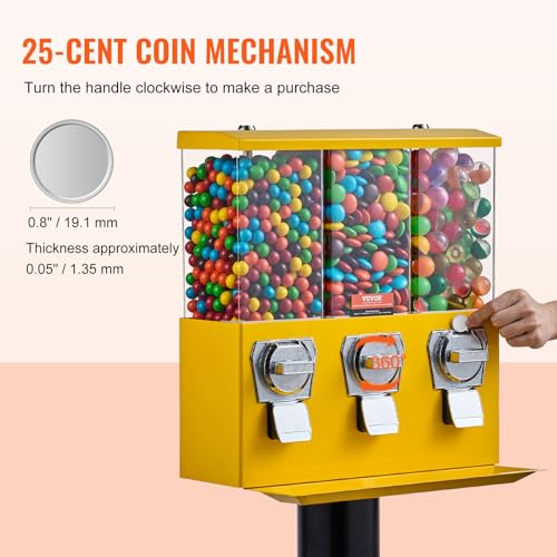 VEVOR Commercial Vending Machine, Triple Compartment Candy Dispenser with Iron Stand, Yellow K8189