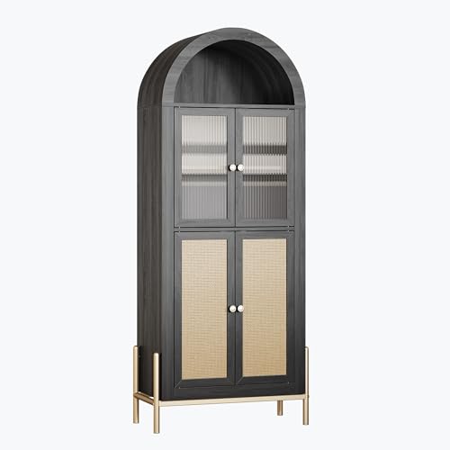 BELLEZE Arched Storage Cabinet with Doors, 65.5 Inches Bookcase, White Lotus W41548