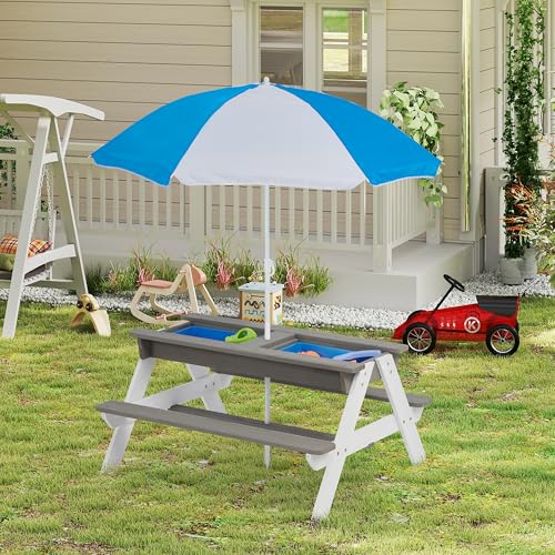 Wooden 3-in-1 Sand & Water Table with Umbrella for Kids Outdoor Play E7312