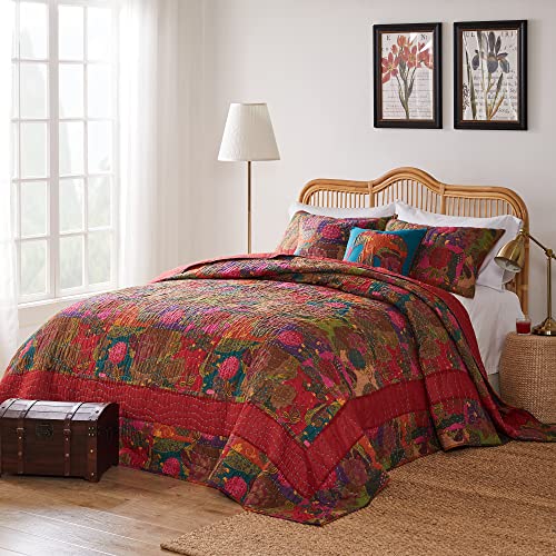 Greenland Home Jewel Cotton Kantha-Quilted Bedspread Set, 3-Piece King/Cal King Red C387801