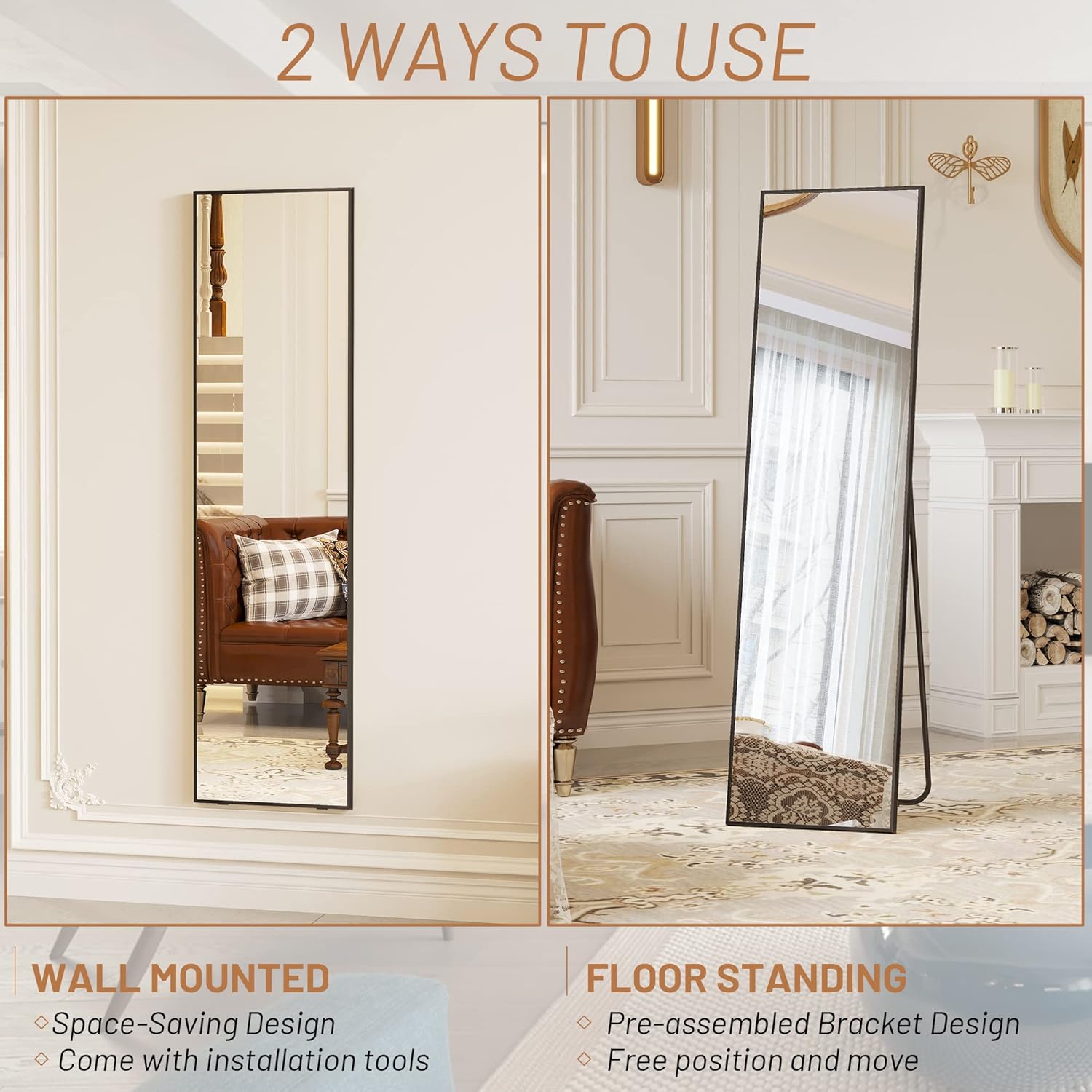 LVSOMT Full Length Mirror with Stand, 63"x16", Black W7641