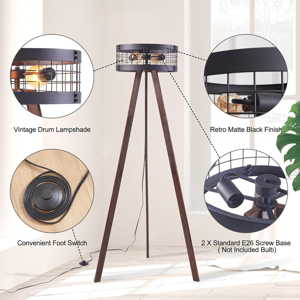 Wood Tripod Floor Lamp with Metal Drum Shade, E26 Base U2299