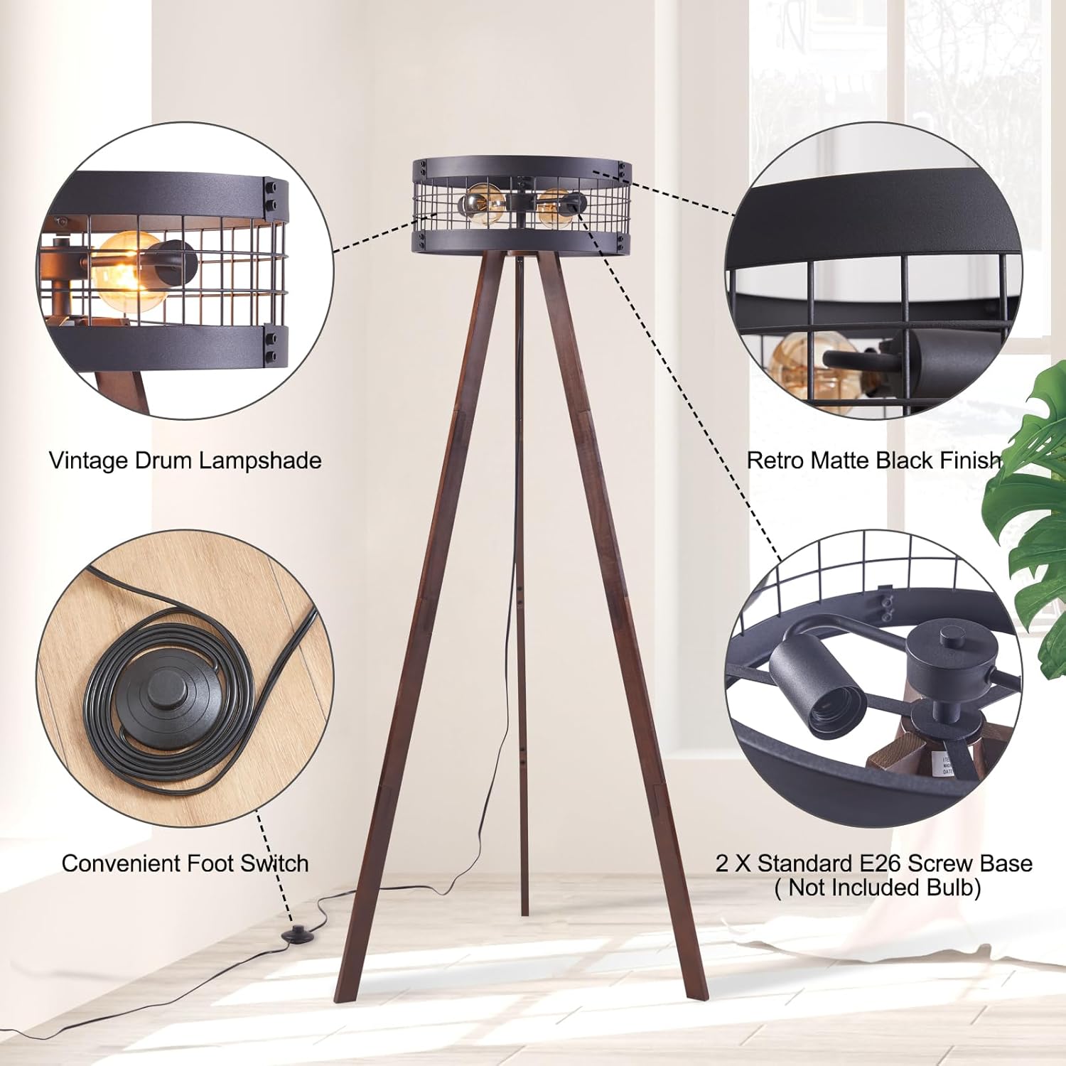 Wood Tripod Floor Lamp with Metal Drum Shade, E26 Base U2299