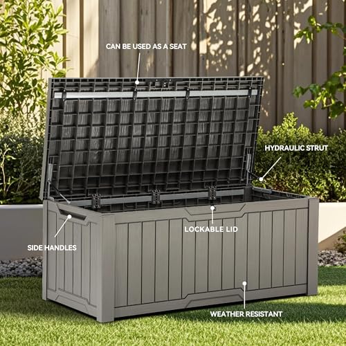YITAHOME Outdoor Storage Box with Cushion, 120 Gallon, Lockable, Light Brown O374