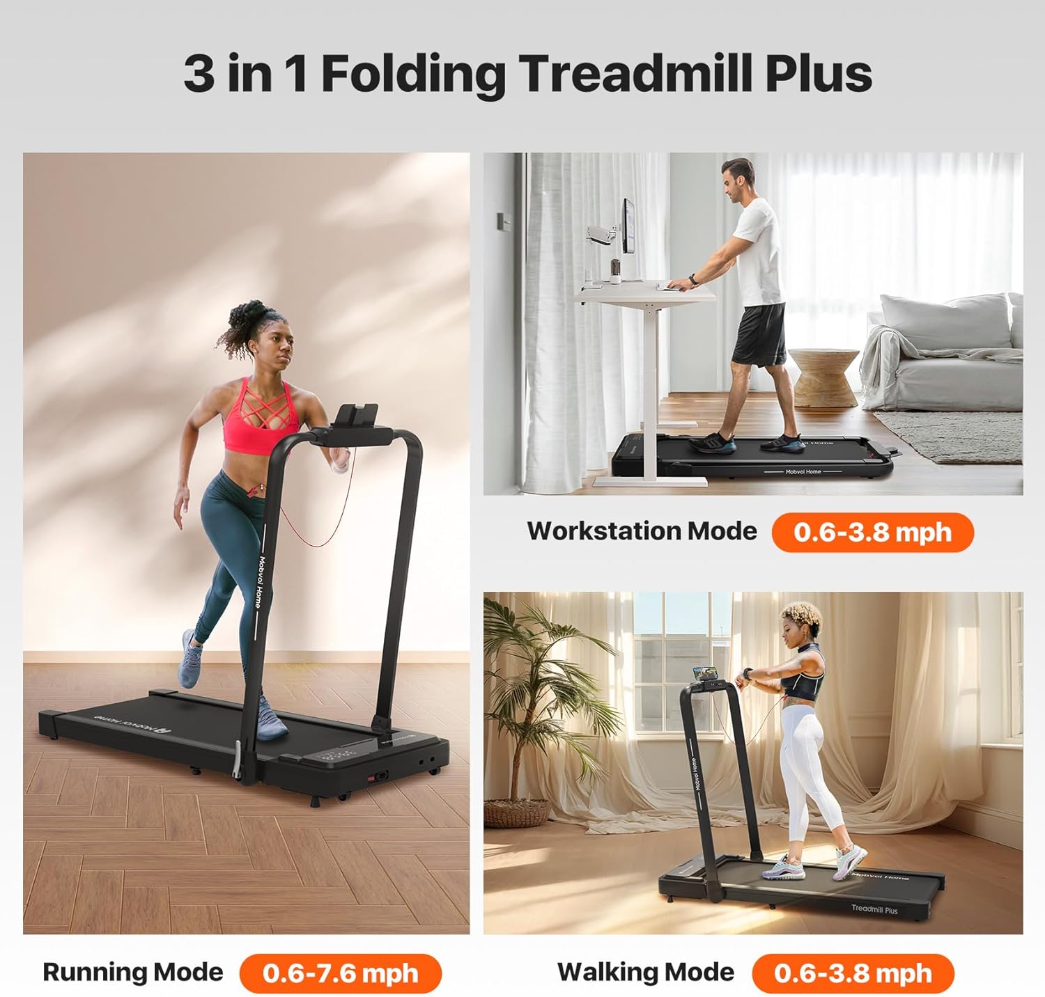 Mobvoi Home Treadmill Plus 3 in 1 Folding Walking Pad 2.5HP Compact Under Desk Running Machine O811769