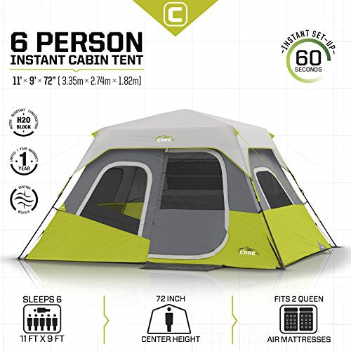 CORE Instant Cabin Tents 6 Person Family Pop Up Camping Tent R26561
