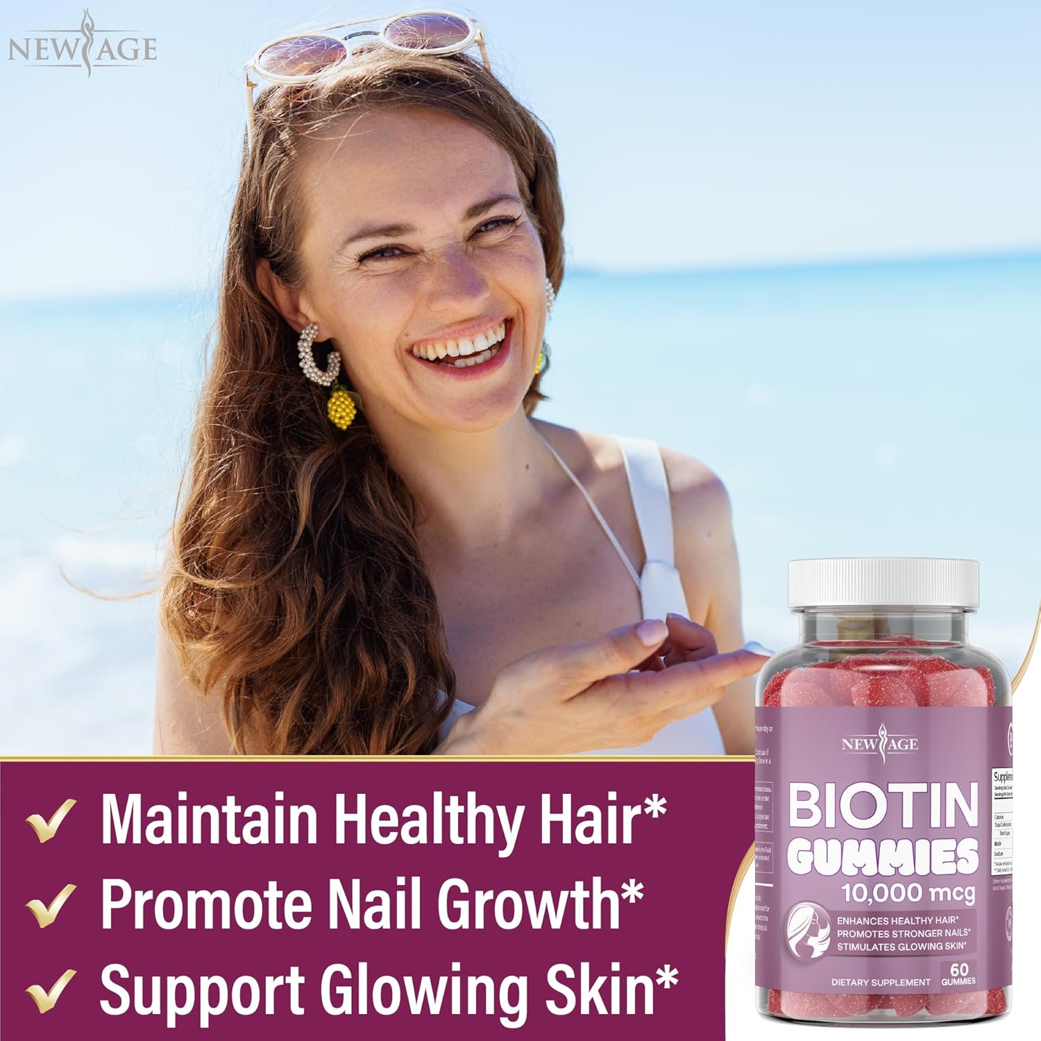 NEW AGE Biotin Gummies 10,000 mcg for Hair, Skin & Nails, Non-GMO, 120 Count Z407274
