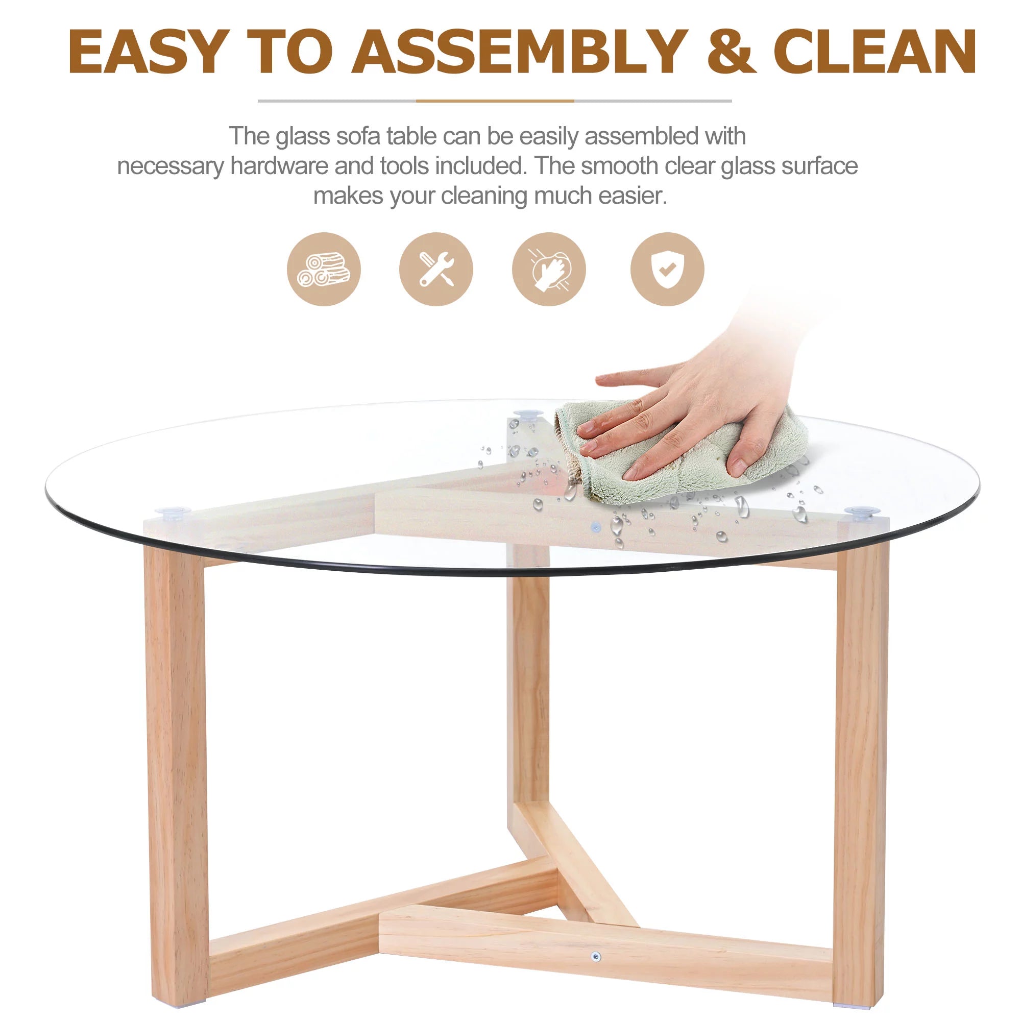 Round Glass Coffee Table with Tempered Glass Top & Wood Base Y46694
