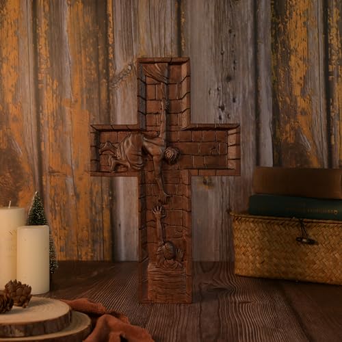 BGCOPPER Crucifix Wall Cross Handmade Wooden with Hook, Christian Wall Art, 14 Inch L40287