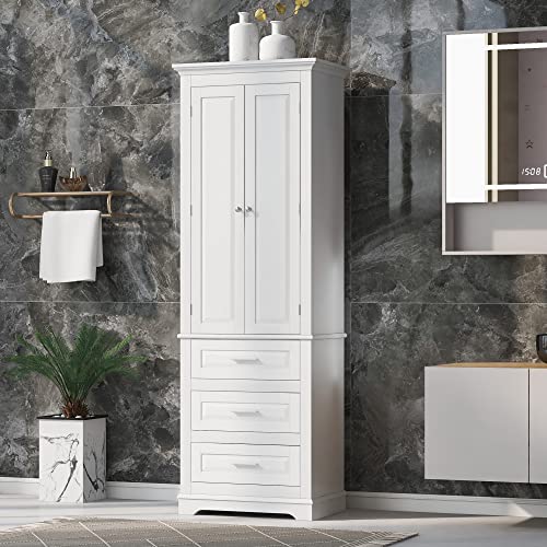 Tall Bathroom Storage Cabinet with 2 Door, Freestanding Floor Cabinet with 3 Drawers and Adjustable Shelves, Large White Linen Cabinet for Bathroom, Kitchen, Living Room