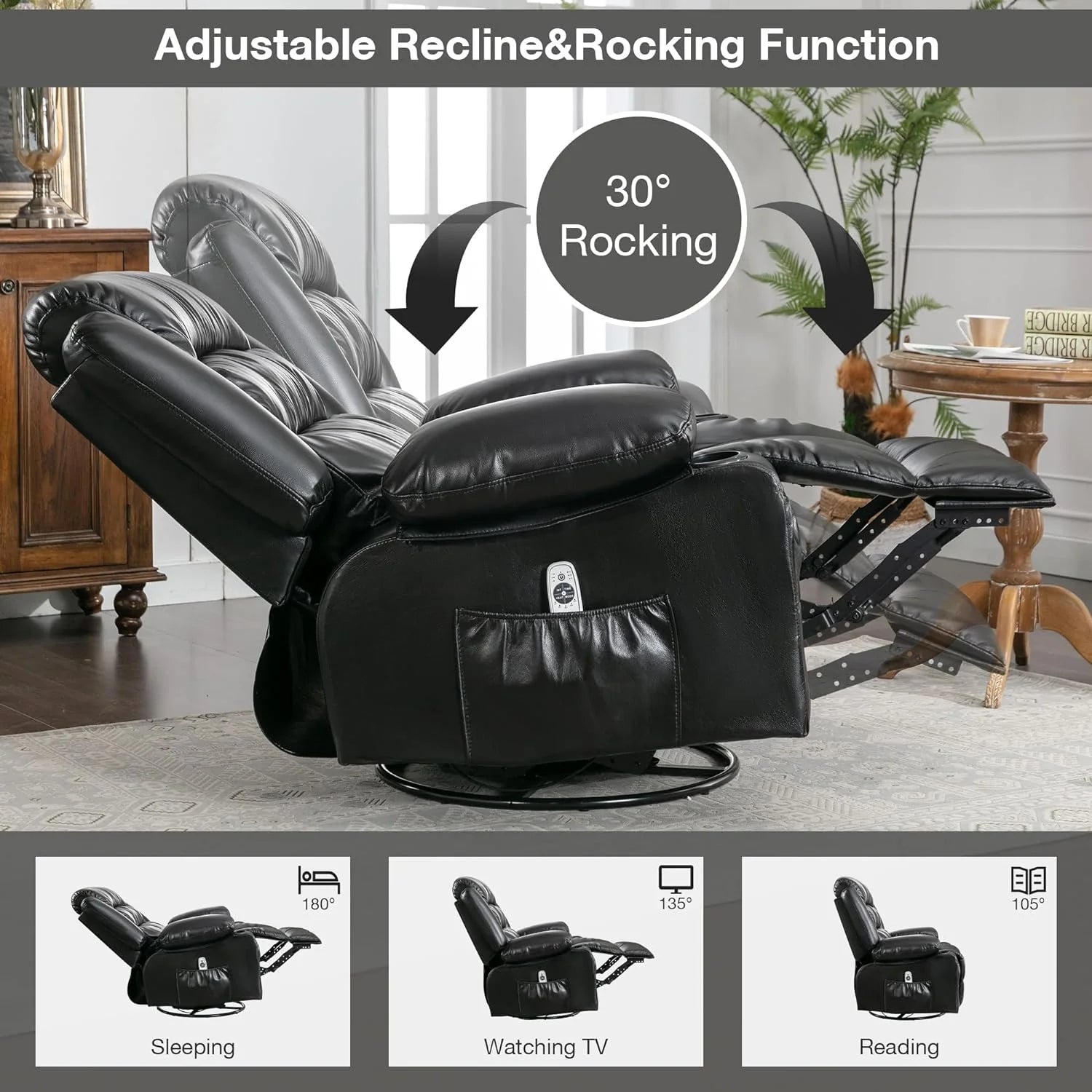 Massage Chair Recliner with Heat and USB Port, Swivel Rocking for Elderly (Black) A139032