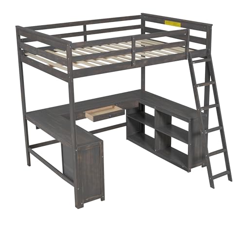 Harper & Bright Designs Full Size Loft Bed with Desk and Bookshelf, Solid Wood, White Y879