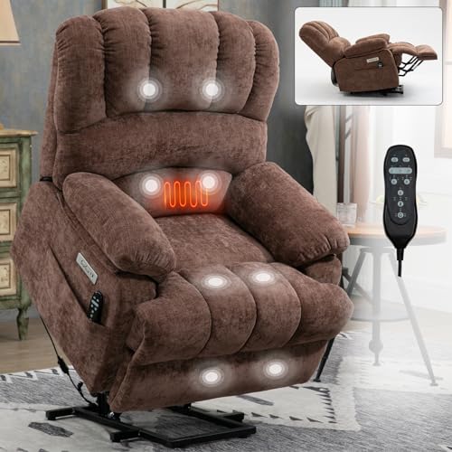 Large Power Lift Recliner Chair with Massage and Heat for Elderly, Ergonomic Backrest, Infinite Adjust, 2 Side Pockets, Stainless Steel Cup Holders, USB and Type-C Ports, Chenille Beige