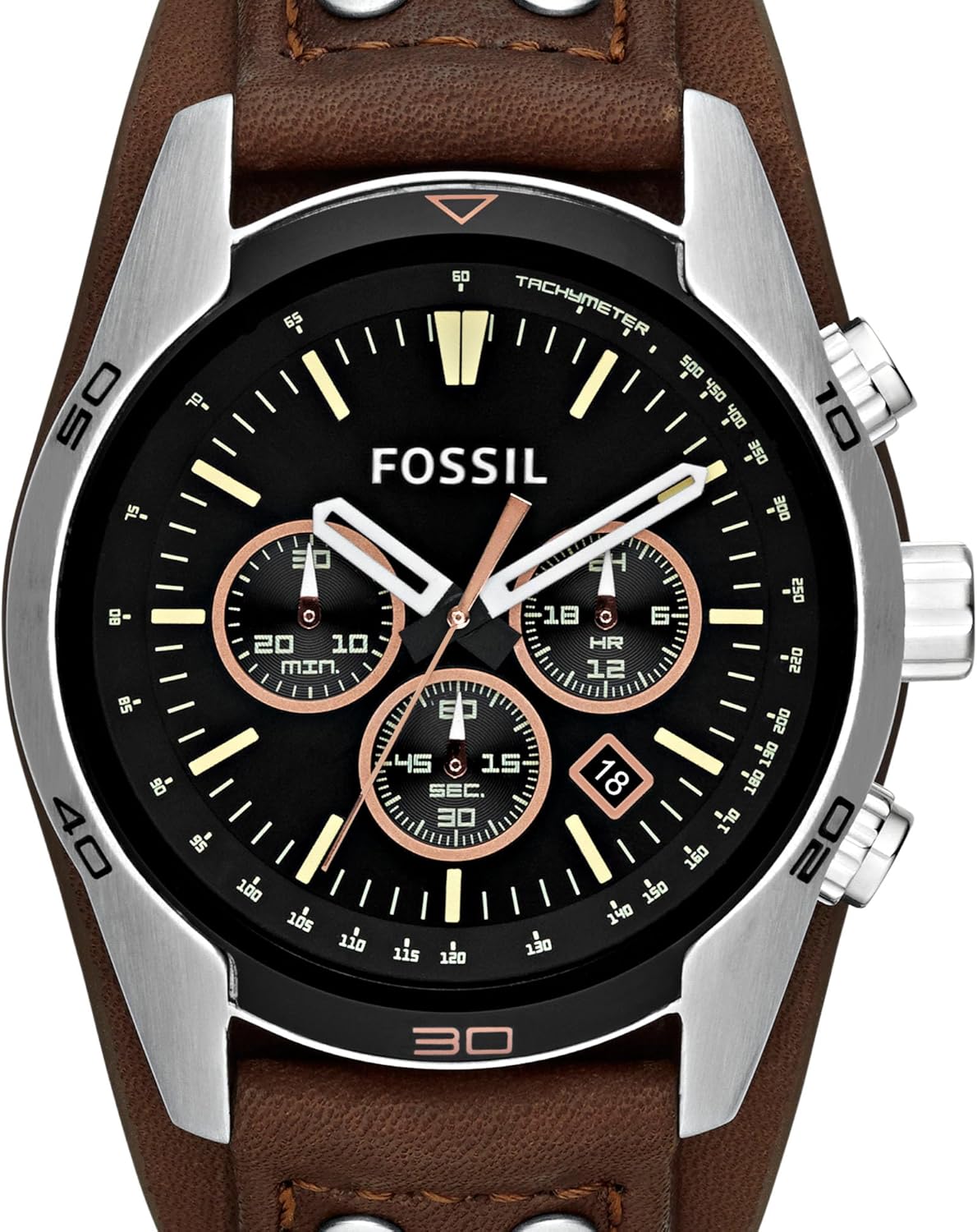 Fossil Men's Coachman Quartz Chronograph Watch, Silver and Brown Leather Z610