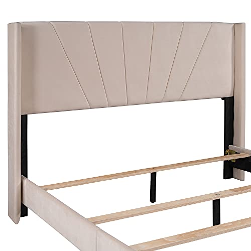 Queen Size Velvet Upholstered Platform Bed with Headboard and Wood Slat Support I749440