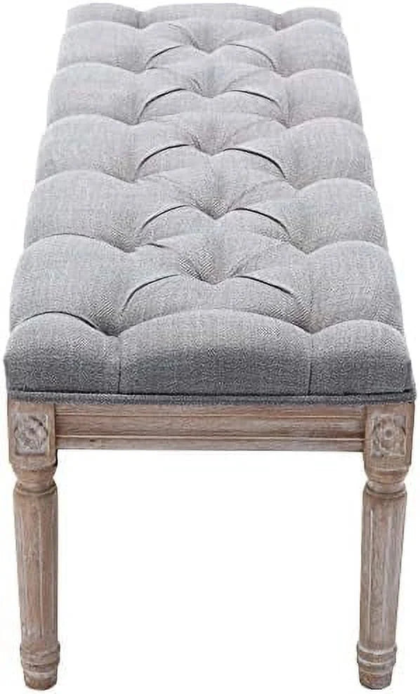 Grey Fabric Entryway Bench with Button Tufted Seat and Wood Legs G1644