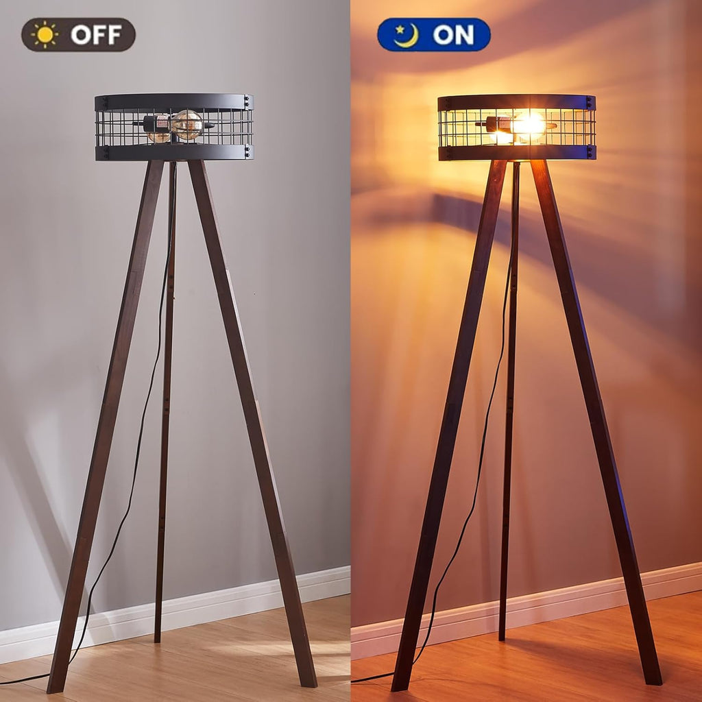 Wood Tripod Floor Lamp with Metal Drum Shade, E26 Base U2299