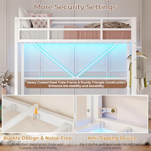 DICTAC Twin Loft Bed with Ladder and Guardrail, LED Lights, White B3802