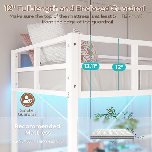 DICTAC Twin Loft Bed with Ladder and Guardrail, LED Lights, White B3802