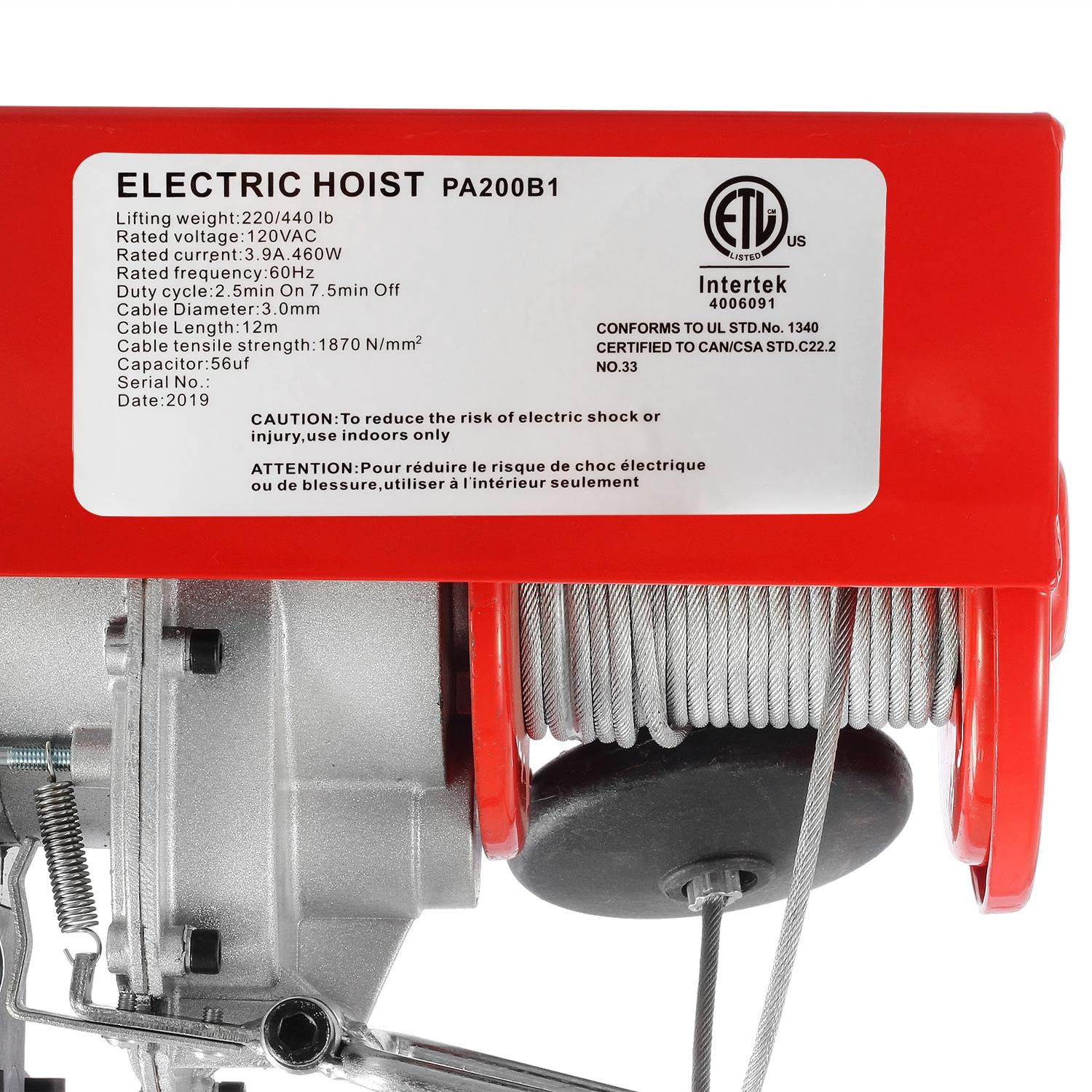 Partsam 440lbs Electric Cable Hoist with Wireless Remote Control, 120V, 38ft Lifting Height M266