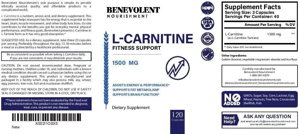 L-Carnitine Tartrate Supplement 1500mg, 120 Non-GMO Capsules D290145