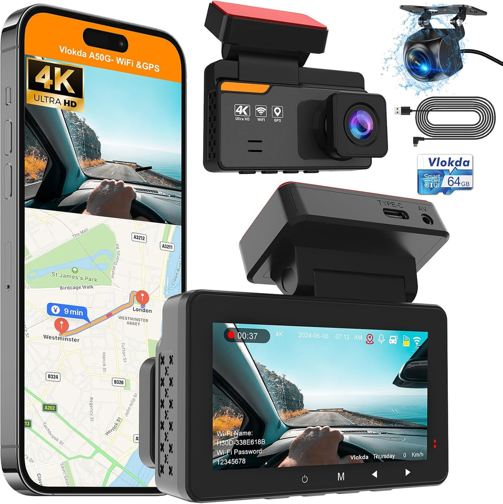 4K Dash Cam Front and Rear, USB Dash Camera for Cars with WiFi & GPS, Dashboard Camera Dashcam with Super Night Vision, G-Sensor, Loop Recording, 64G Card Max Support 512G [ADAS Intelligent Systems]