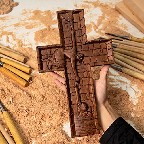 BGCOPPER Crucifix Wall Cross Handmade Wooden with Hook, Christian Wall Art, 14 Inch L40287