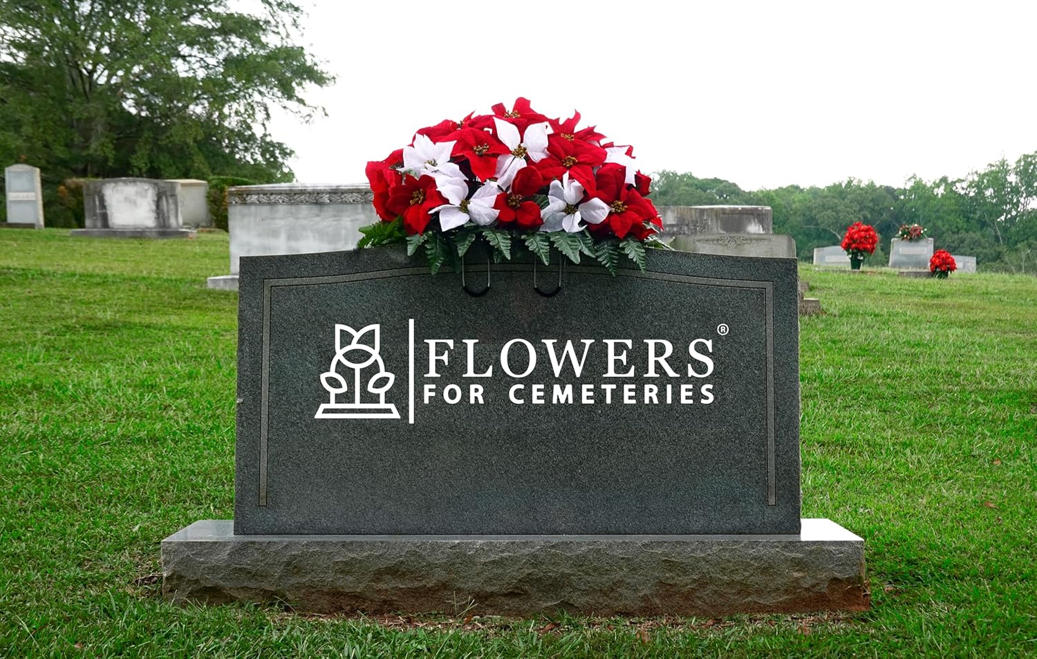 Sympathy Silks Artificial Cemetery Flowers - Red and White Poinsettias Saddle for Headstone C9631