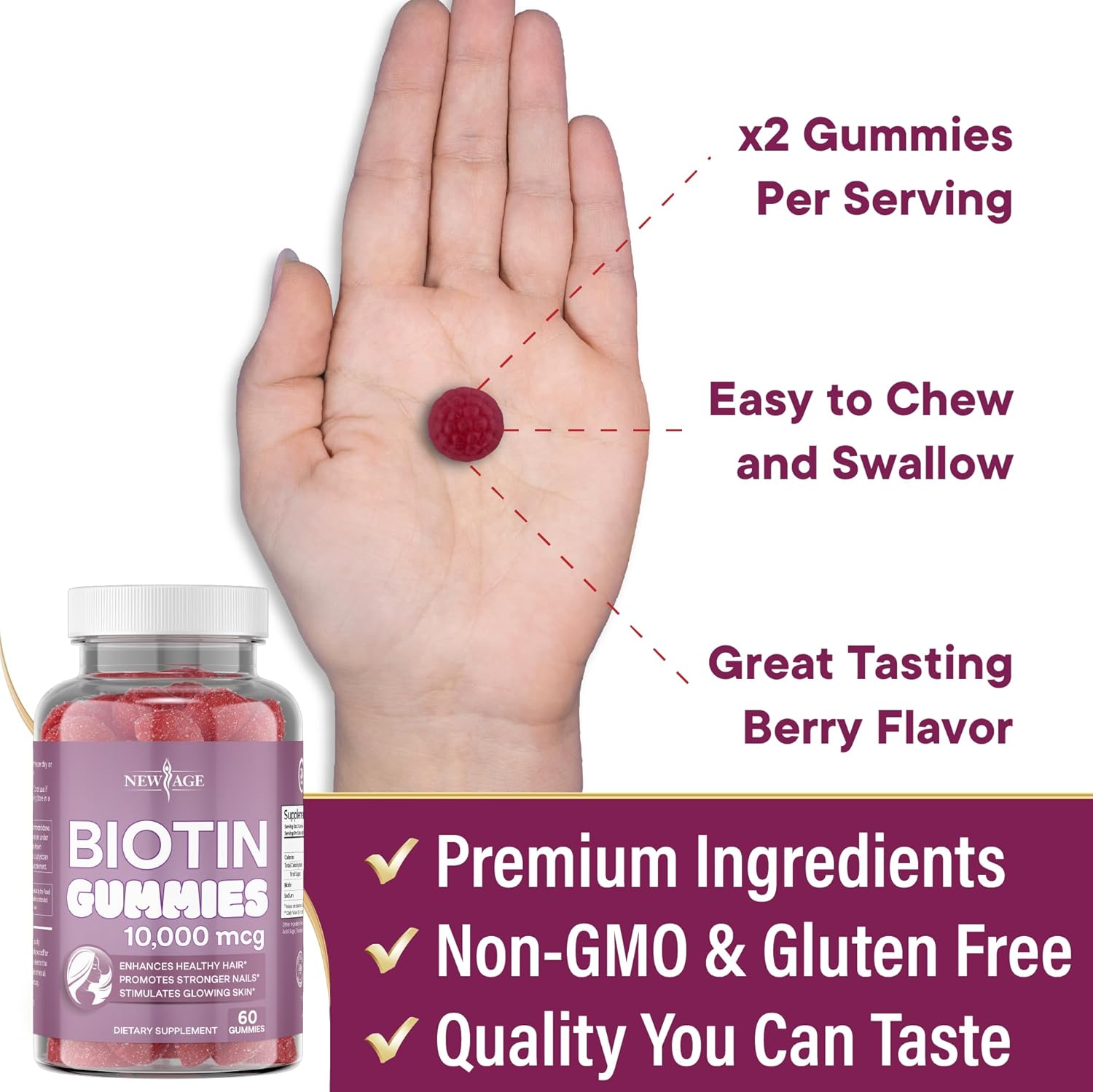 NEW AGE Biotin Gummies 10,000 mcg for Hair, Skin & Nails, Non-GMO, 120 Count Z407274