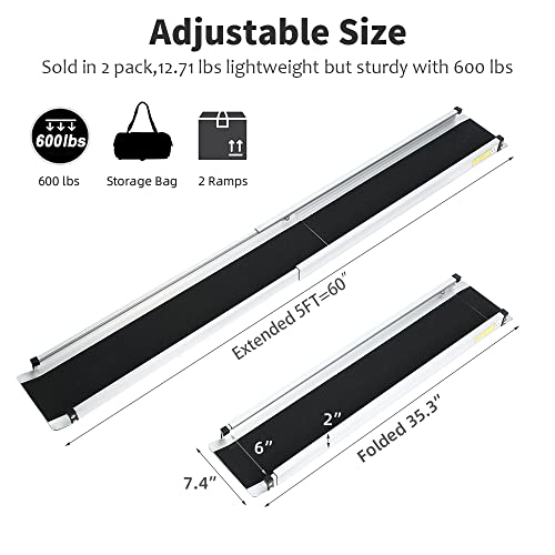 Adjustable Wheelchair Ramp 6FT Telescoping Portable Aluminum Non-Skid with Storage Bag (2 Pack) P4010