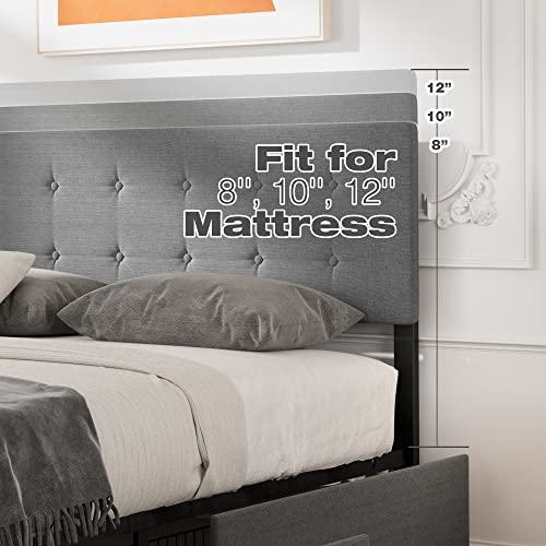 Queen Upholstered Platform Bed Frame with 4 Storage Drawers, Grey C8684