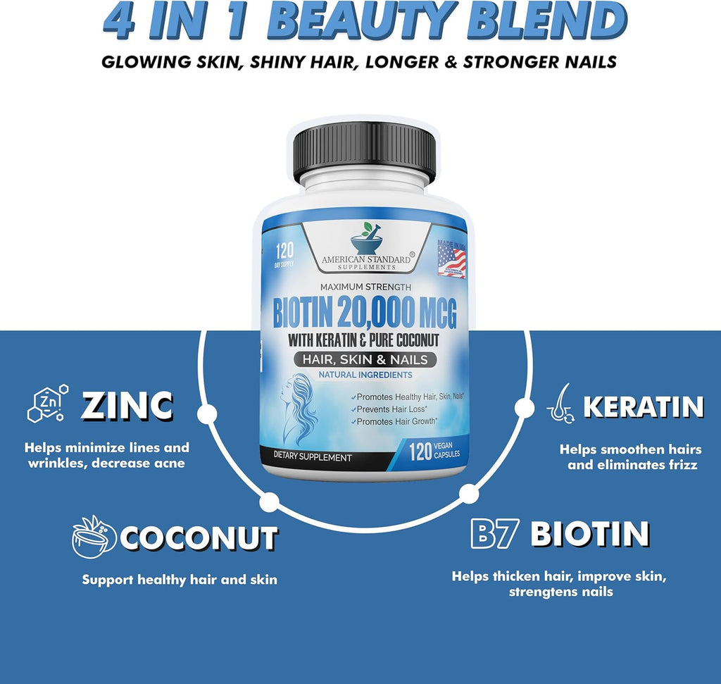 Biotin 20,000mcg with Keratin, Coconut & Zinc, Hair Growth Supplements, 120 Vegan Capsules Y995559