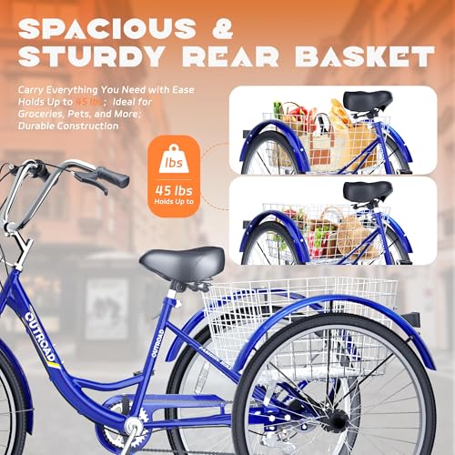 Adult Tricycle with Large Basket 24/26 Inch, 7-Speed 3-Wheel Bike I7207