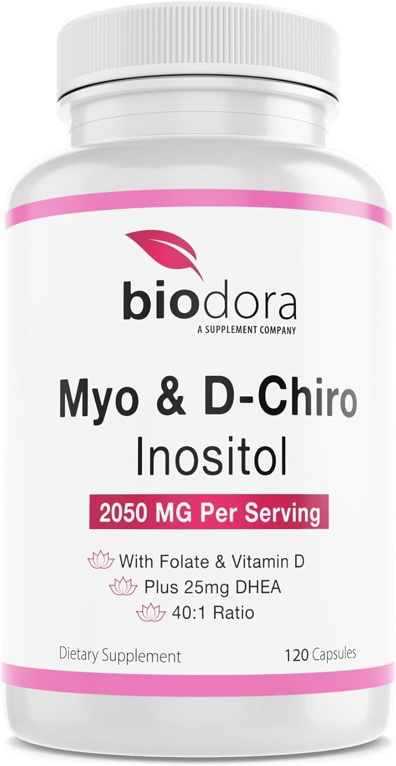 Myo& D-Chiro Inositol Supplement, with Folate and Vitamin D, 40 to 1 Ratio, Includes DHEA, Helps in Hormone Balance, Ovarian Function, 2050mg per Serving, 120 Capsules