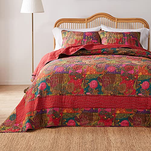 Greenland Home Jewel Cotton Kantha-Quilted Bedspread Set, 3-Piece King/Cal King Red C387801