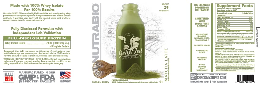 NutraBio Grass Fed Whey Isolate Protein Powder, Vanilla Bean, 2 lbs V555