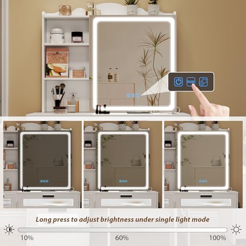 White Vanity Desk with Mirror and Lights, Charging Station, Stool D623487