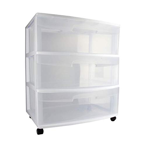 Sterilite Wide 3 Drawer Storage Cart, Plastic Rolling Cart with Wheels to Organize Clothes in Bedroom, Closet, White with Clear Drawers, 1-Pack